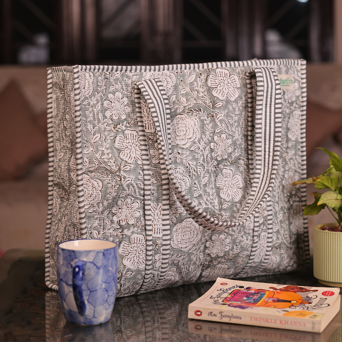 Grey Floral Tote